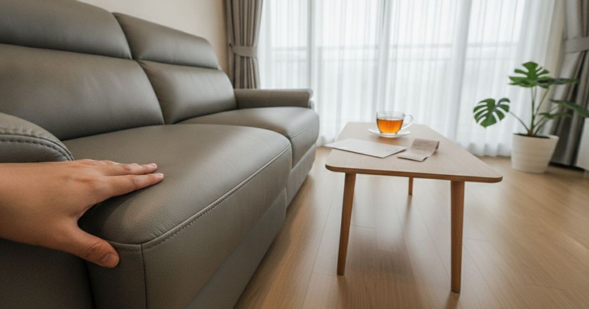 Hand checking the stitching and cushion seam of a modern grey leather sofa in a Singapore living room