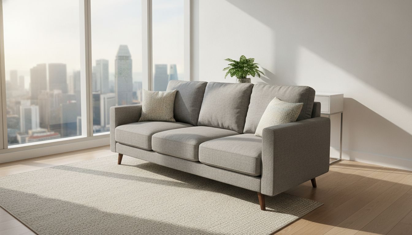 Compact 3-seater sofa bed styled as the centrepiece of a bright Singapore studio apartment
