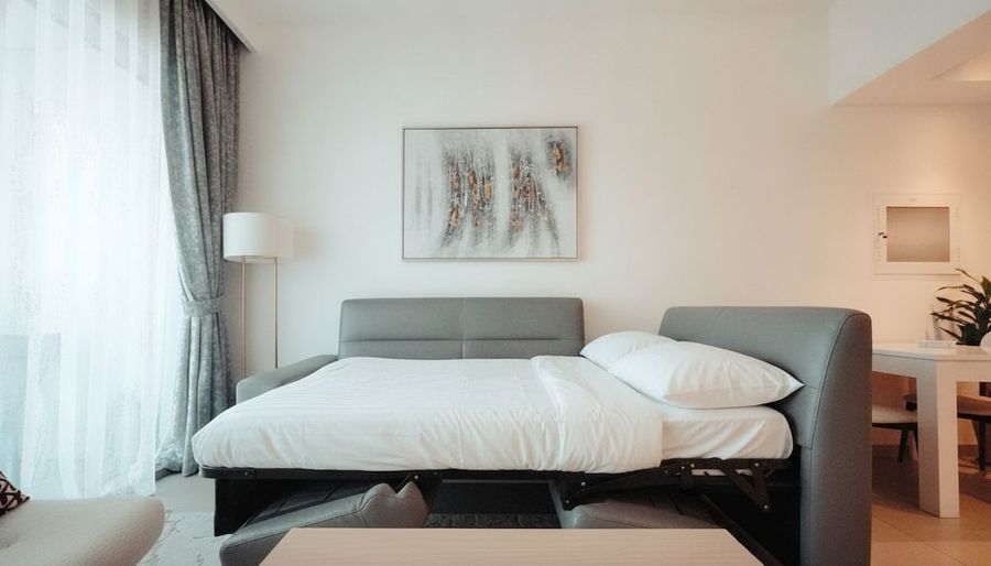 Grey leather sofa bed unfolded as a guest bed with white linens in a bright Singapore condo living room