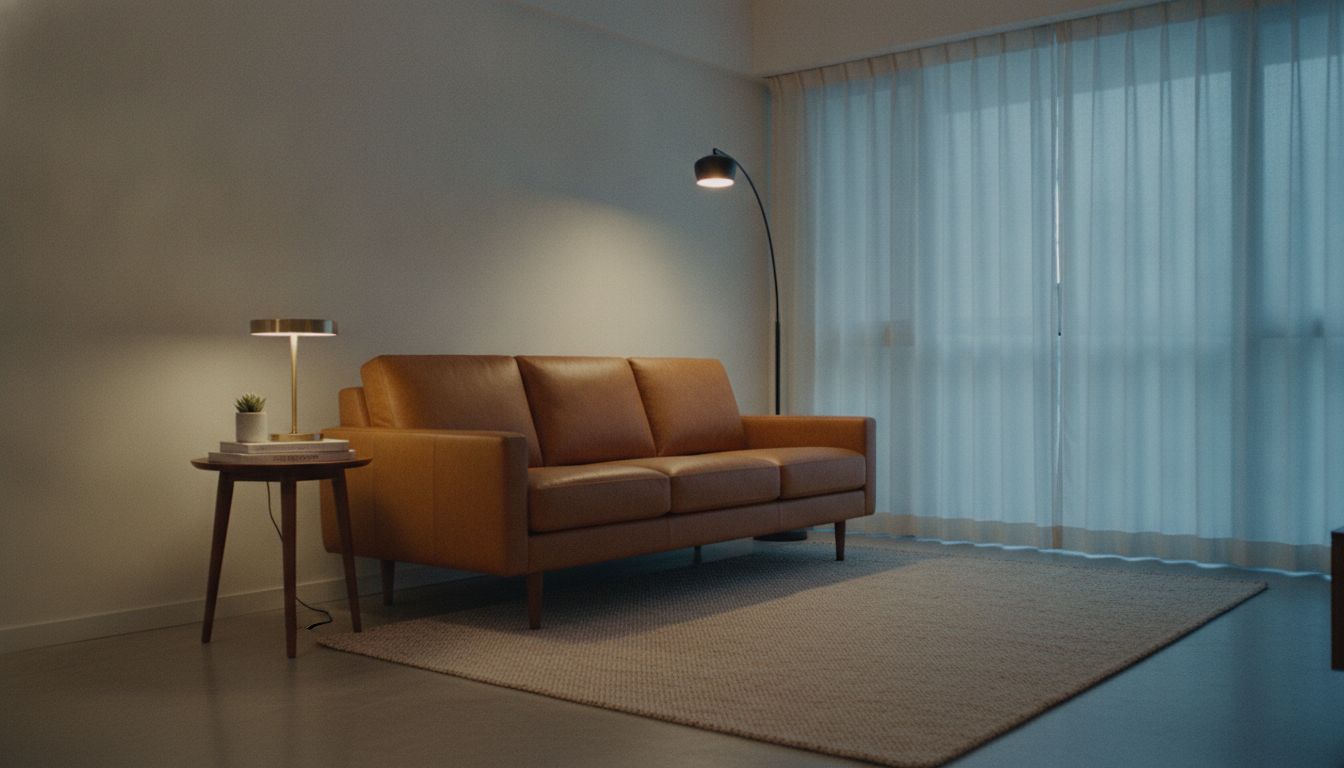 Mid-century modern leather sofa paired with a walnut side table and arc lamp in a compact Singapore living room