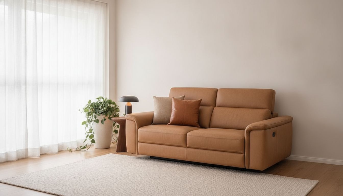 Modern tan leather recliner sofa styled with cushions and rug in a contemporary Singapore living room